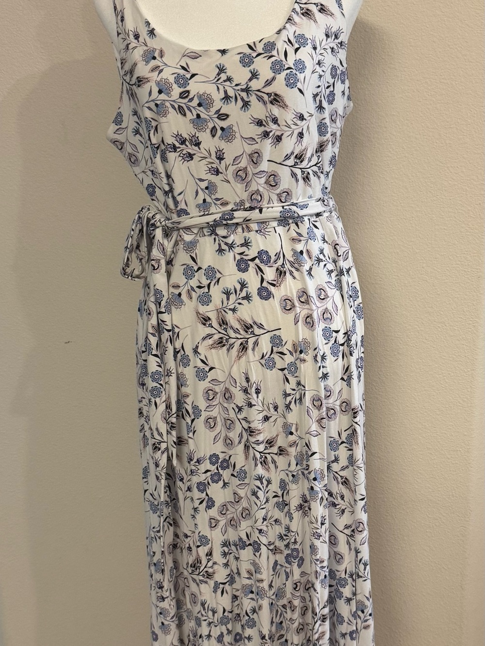 LOFT White Maxi Dress with Blue Floral Print and Belt